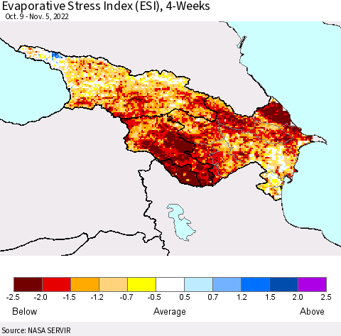 Azerbaijan, Armenia and Georgia Evaporative Stress Index (ESI), 4-Weeks Thematic Map For 10/31/2022 - 11/6/2022