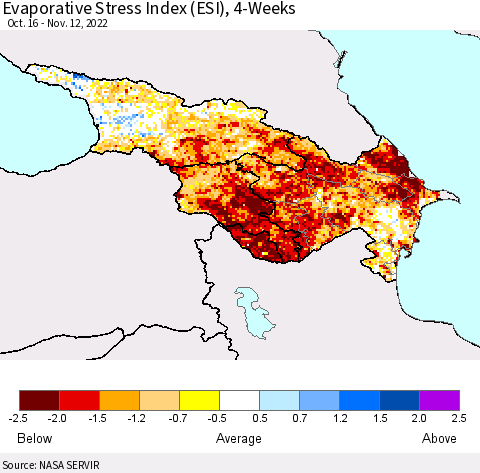 Azerbaijan, Armenia and Georgia Evaporative Stress Index (ESI), 4-Weeks Thematic Map For 11/7/2022 - 11/13/2022