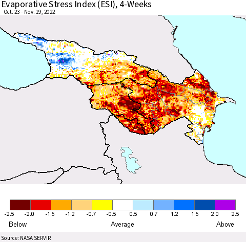 Azerbaijan, Armenia and Georgia Evaporative Stress Index (ESI), 4-Weeks Thematic Map For 11/14/2022 - 11/20/2022