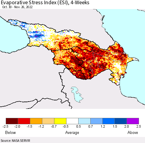 Azerbaijan, Armenia and Georgia Evaporative Stress Index (ESI), 4-Weeks Thematic Map For 11/21/2022 - 11/27/2022