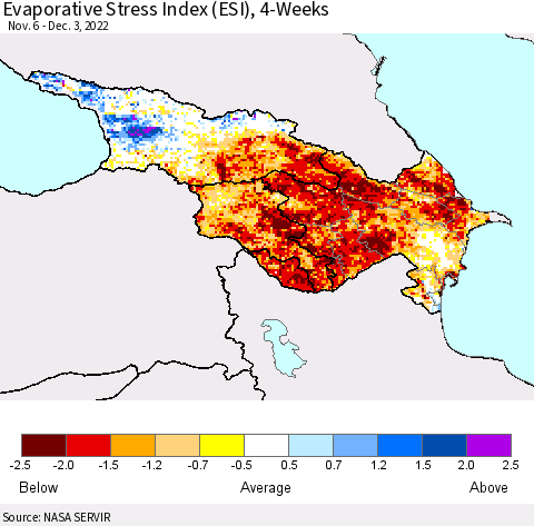 Azerbaijan, Armenia and Georgia Evaporative Stress Index (ESI), 4-Weeks Thematic Map For 11/28/2022 - 12/4/2022