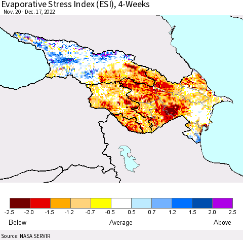 Azerbaijan, Armenia and Georgia Evaporative Stress Index (ESI), 4-Weeks Thematic Map For 12/12/2022 - 12/18/2022