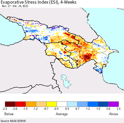 Azerbaijan, Armenia and Georgia Evaporative Stress Index (ESI), 4-Weeks Thematic Map For 12/19/2022 - 12/25/2022