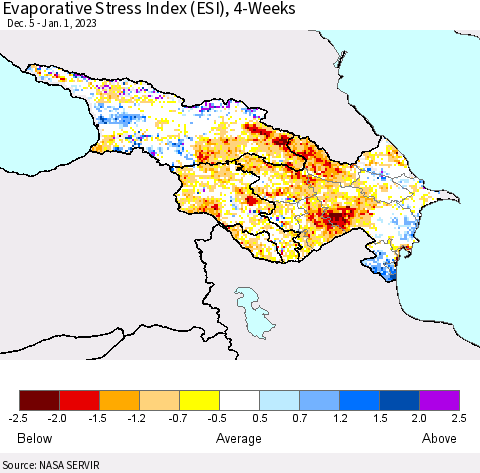 Azerbaijan, Armenia and Georgia Evaporative Stress Index (ESI), 4-Weeks Thematic Map For 12/26/2022 - 1/1/2023