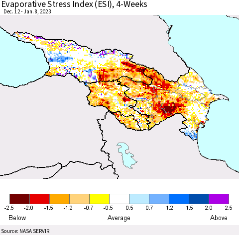 Azerbaijan, Armenia and Georgia Evaporative Stress Index (ESI), 4-Weeks Thematic Map For 1/2/2023 - 1/8/2023