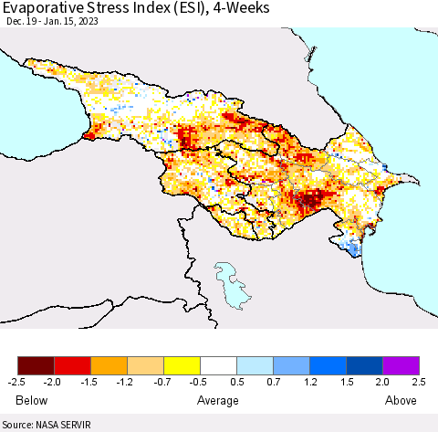 Azerbaijan, Armenia and Georgia Evaporative Stress Index (ESI), 4-Weeks Thematic Map For 1/9/2023 - 1/15/2023