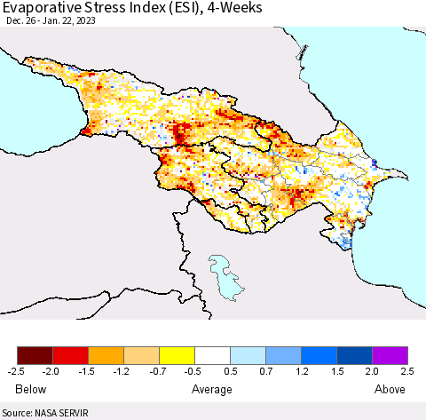 Azerbaijan, Armenia and Georgia Evaporative Stress Index (ESI), 4-Weeks Thematic Map For 1/16/2023 - 1/22/2023