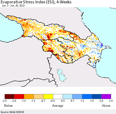 Azerbaijan, Armenia and Georgia Evaporative Stress Index (ESI), 4-Weeks Thematic Map For 1/23/2023 - 1/29/2023