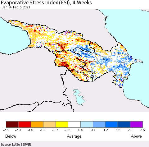 Azerbaijan, Armenia and Georgia Evaporative Stress Index (ESI), 4-Weeks Thematic Map For 1/30/2023 - 2/5/2023