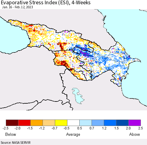 Azerbaijan, Armenia and Georgia Evaporative Stress Index (ESI), 4-Weeks Thematic Map For 2/6/2023 - 2/12/2023