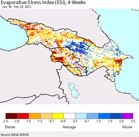 Azerbaijan, Armenia and Georgia Evaporative Stress Index (ESI), 4-Weeks Thematic Map For 2/20/2023 - 2/26/2023