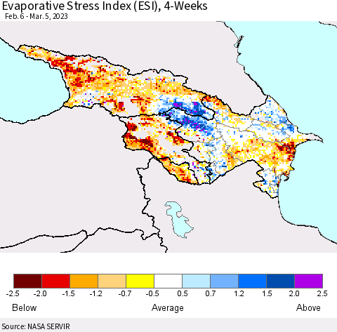 Azerbaijan, Armenia and Georgia Evaporative Stress Index (ESI), 4-Weeks Thematic Map For 2/27/2023 - 3/5/2023