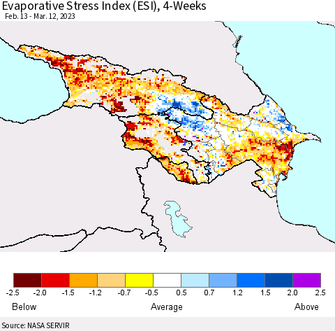 Azerbaijan, Armenia and Georgia Evaporative Stress Index (ESI), 4-Weeks Thematic Map For 3/6/2023 - 3/12/2023