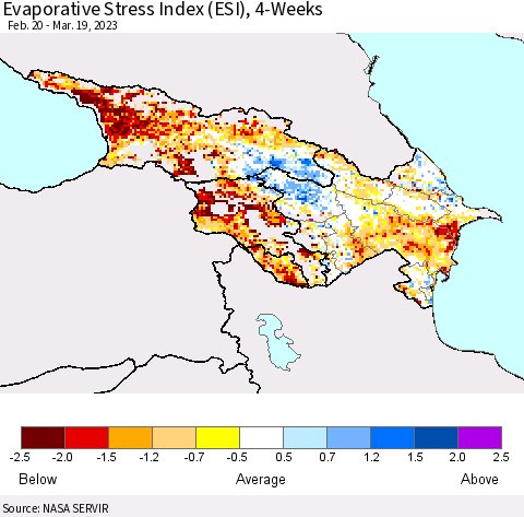 Azerbaijan, Armenia and Georgia Evaporative Stress Index (ESI), 4-Weeks Thematic Map For 3/13/2023 - 3/19/2023