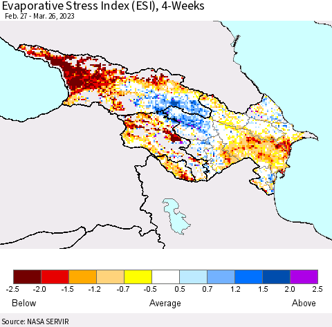 Azerbaijan, Armenia and Georgia Evaporative Stress Index (ESI), 4-Weeks Thematic Map For 3/20/2023 - 3/26/2023