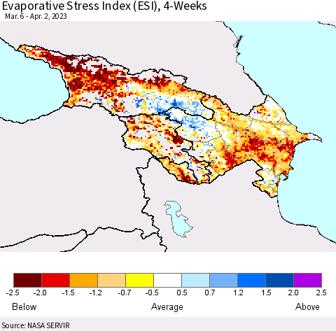 Azerbaijan, Armenia and Georgia Evaporative Stress Index (ESI), 4-Weeks Thematic Map For 3/27/2023 - 4/2/2023