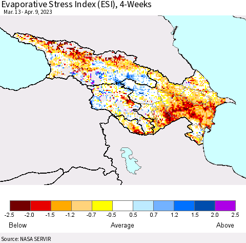 Azerbaijan, Armenia and Georgia Evaporative Stress Index (ESI), 4-Weeks Thematic Map For 4/3/2023 - 4/9/2023