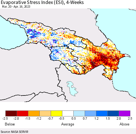 Azerbaijan, Armenia and Georgia Evaporative Stress Index (ESI), 4-Weeks Thematic Map For 4/10/2023 - 4/16/2023