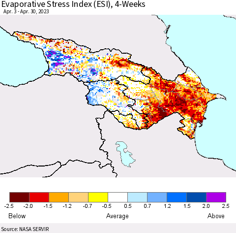 Azerbaijan, Armenia and Georgia Evaporative Stress Index (ESI), 4-Weeks Thematic Map For 4/24/2023 - 4/30/2023