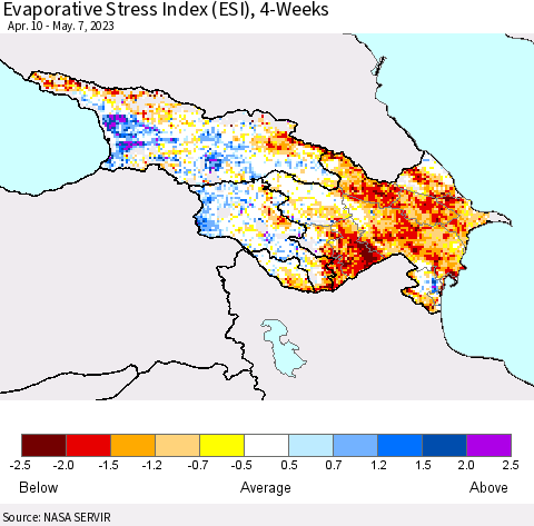 Azerbaijan, Armenia and Georgia Evaporative Stress Index (ESI), 4-Weeks Thematic Map For 5/1/2023 - 5/7/2023