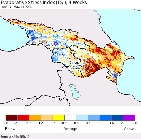 Azerbaijan, Armenia and Georgia Evaporative Stress Index (ESI), 4-Weeks Thematic Map For 5/8/2023 - 5/14/2023