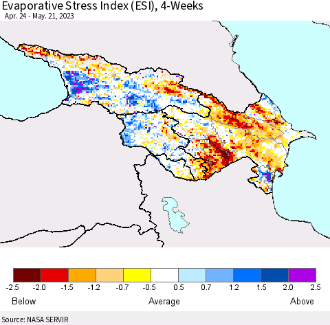 Azerbaijan, Armenia and Georgia Evaporative Stress Index (ESI), 4-Weeks Thematic Map For 5/15/2023 - 5/21/2023