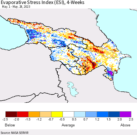 Azerbaijan, Armenia and Georgia Evaporative Stress Index (ESI), 4-Weeks Thematic Map For 5/22/2023 - 5/28/2023
