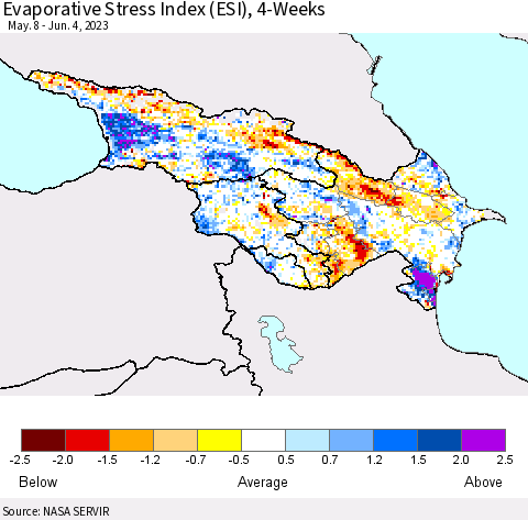 Azerbaijan, Armenia and Georgia Evaporative Stress Index (ESI), 4-Weeks Thematic Map For 5/29/2023 - 6/4/2023