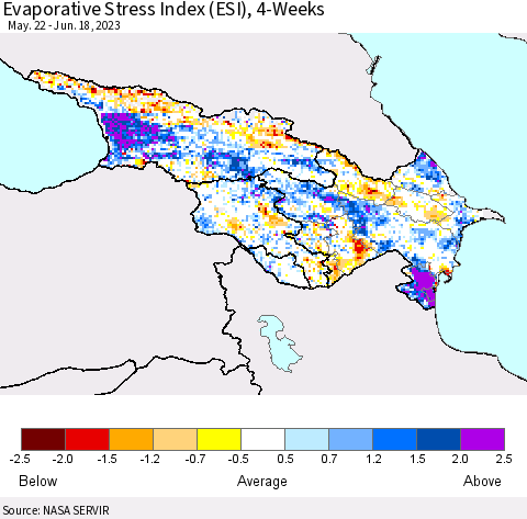 Azerbaijan, Armenia and Georgia Evaporative Stress Index (ESI), 4-Weeks Thematic Map For 6/12/2023 - 6/18/2023