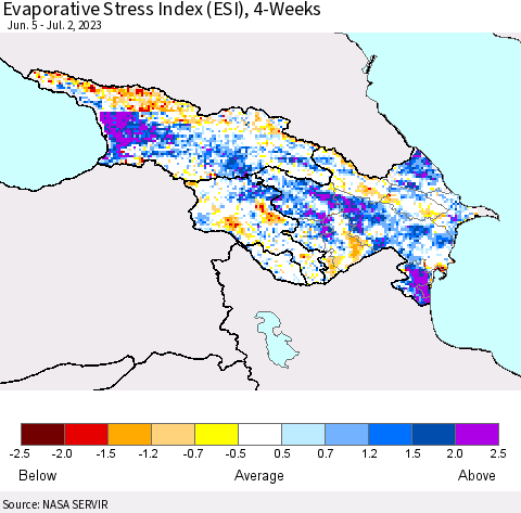 Azerbaijan, Armenia and Georgia Evaporative Stress Index (ESI), 4-Weeks Thematic Map For 6/26/2023 - 7/2/2023