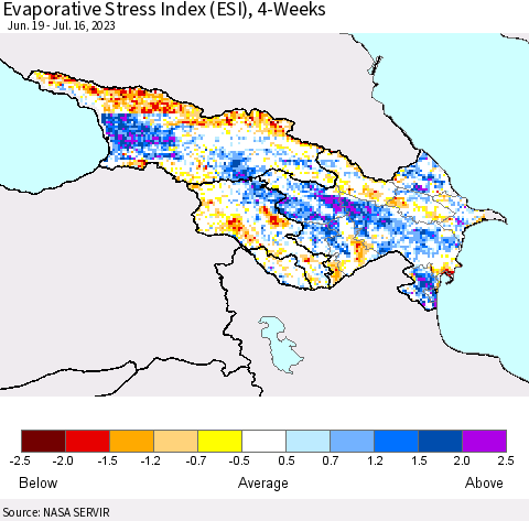 Azerbaijan, Armenia and Georgia Evaporative Stress Index (ESI), 4-Weeks Thematic Map For 7/10/2023 - 7/16/2023