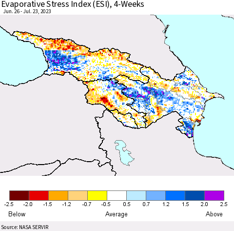 Azerbaijan, Armenia and Georgia Evaporative Stress Index (ESI), 4-Weeks Thematic Map For 7/17/2023 - 7/23/2023