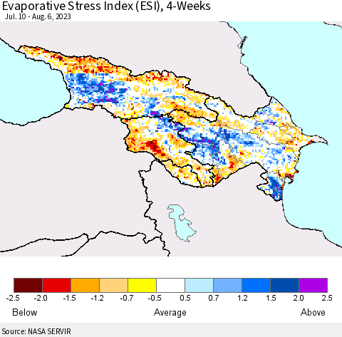 Azerbaijan, Armenia and Georgia Evaporative Stress Index (ESI), 4-Weeks Thematic Map For 7/31/2023 - 8/6/2023