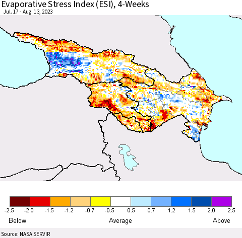 Azerbaijan, Armenia and Georgia Evaporative Stress Index (ESI), 4-Weeks Thematic Map For 8/7/2023 - 8/13/2023