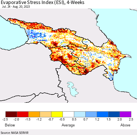 Azerbaijan, Armenia and Georgia Evaporative Stress Index (ESI), 4-Weeks Thematic Map For 8/14/2023 - 8/20/2023