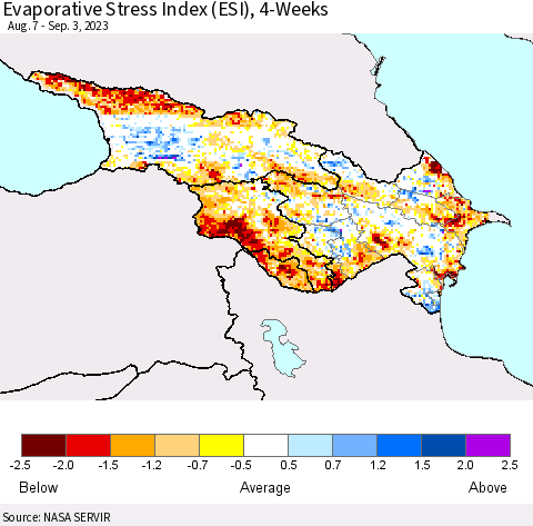 Azerbaijan, Armenia and Georgia Evaporative Stress Index (ESI), 4-Weeks Thematic Map For 8/28/2023 - 9/3/2023