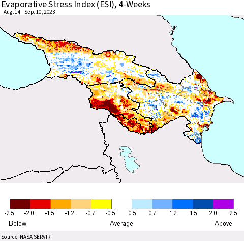 Azerbaijan, Armenia and Georgia Evaporative Stress Index (ESI), 4-Weeks Thematic Map For 9/4/2023 - 9/10/2023