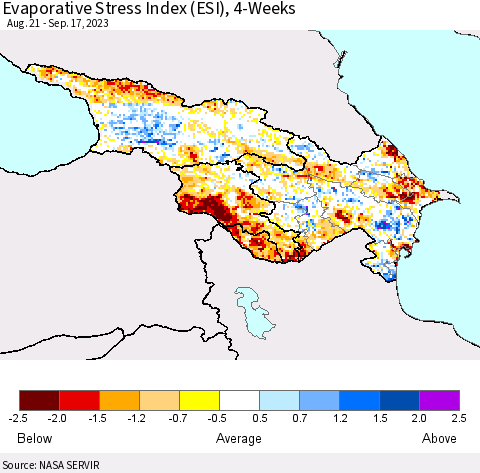 Azerbaijan, Armenia and Georgia Evaporative Stress Index (ESI), 4-Weeks Thematic Map For 9/11/2023 - 9/17/2023