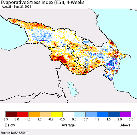 Azerbaijan, Armenia and Georgia Evaporative Stress Index (ESI), 4-Weeks Thematic Map For 9/18/2023 - 9/24/2023