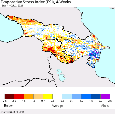 Azerbaijan, Armenia and Georgia Evaporative Stress Index (ESI), 4-Weeks Thematic Map For 9/25/2023 - 10/1/2023