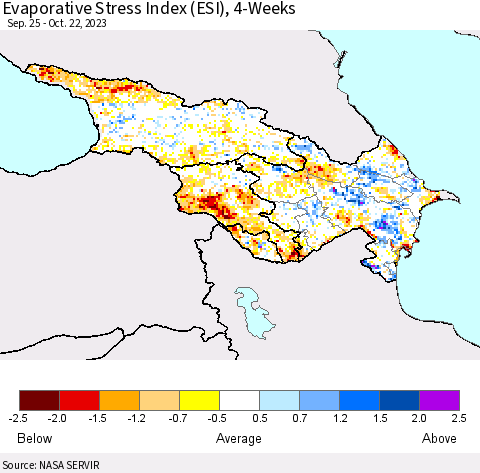 Azerbaijan, Armenia and Georgia Evaporative Stress Index (ESI), 4-Weeks Thematic Map For 10/16/2023 - 10/22/2023