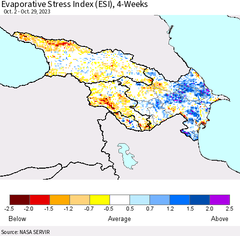 Azerbaijan, Armenia and Georgia Evaporative Stress Index (ESI), 4-Weeks Thematic Map For 10/23/2023 - 10/29/2023