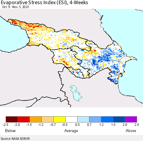 Azerbaijan, Armenia and Georgia Evaporative Stress Index (ESI), 4-Weeks Thematic Map For 10/30/2023 - 11/5/2023