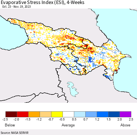 Azerbaijan, Armenia and Georgia Evaporative Stress Index (ESI), 4-Weeks Thematic Map For 11/13/2023 - 11/19/2023