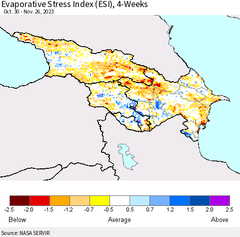 Azerbaijan, Armenia and Georgia Evaporative Stress Index (ESI), 4-Weeks Thematic Map For 11/20/2023 - 11/26/2023