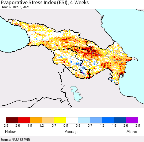 Azerbaijan, Armenia and Georgia Evaporative Stress Index (ESI), 4-Weeks Thematic Map For 11/27/2023 - 12/3/2023