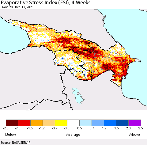 Azerbaijan, Armenia and Georgia Evaporative Stress Index (ESI), 4-Weeks Thematic Map For 12/11/2023 - 12/17/2023