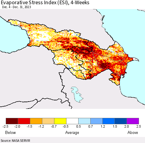 Azerbaijan, Armenia and Georgia Evaporative Stress Index (ESI), 4-Weeks Thematic Map For 12/25/2023 - 12/31/2023