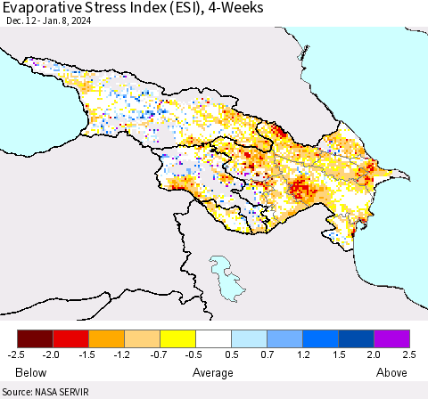 Azerbaijan, Armenia and Georgia Evaporative Stress Index (ESI), 4-Weeks Thematic Map For 1/8/2024 - 1/14/2024