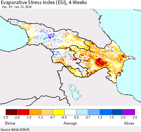 Azerbaijan, Armenia and Georgia Evaporative Stress Index (ESI), 4-Weeks Thematic Map For 1/15/2024 - 1/21/2024